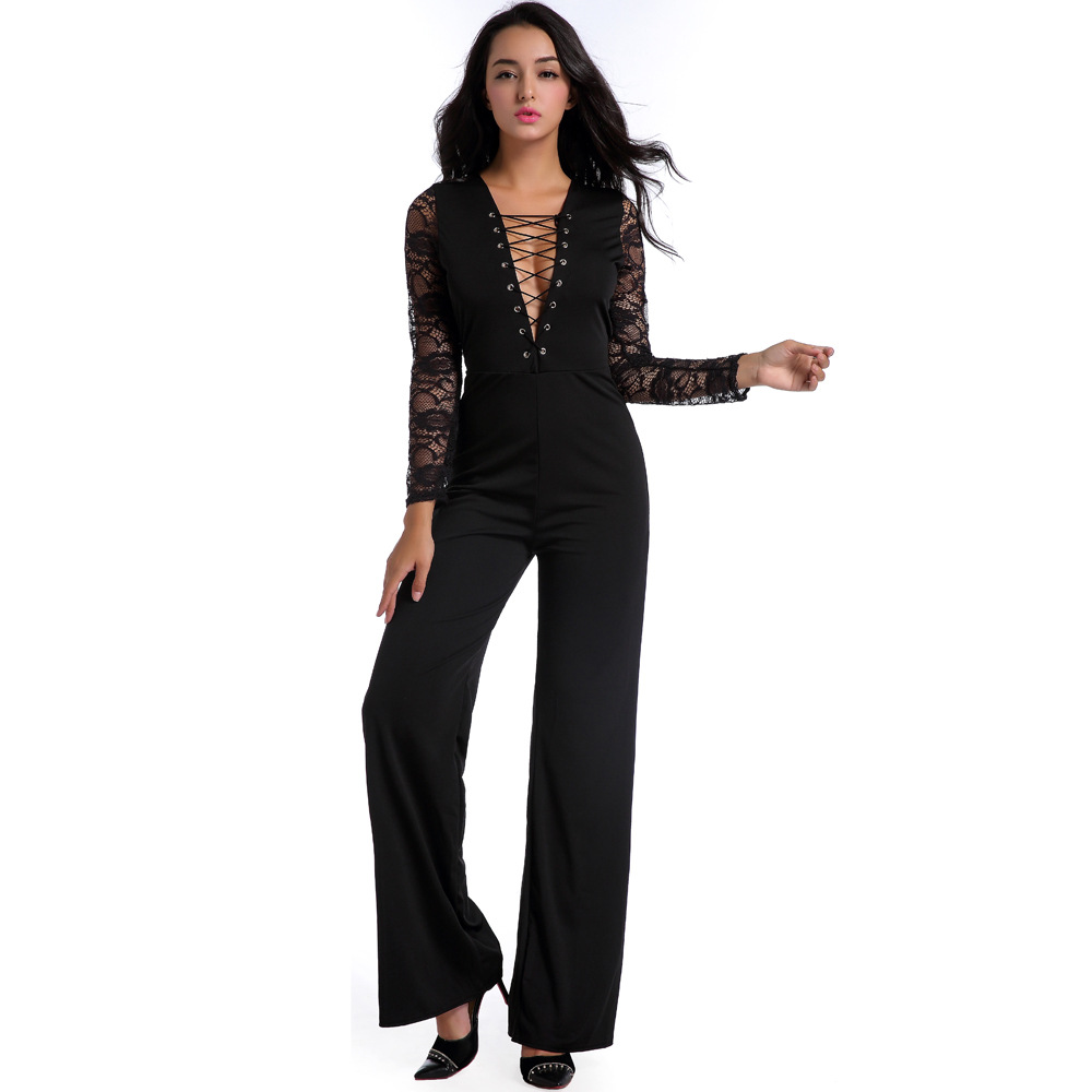 F2524 Black Lace Long Sleeve Pant Jumpsuit